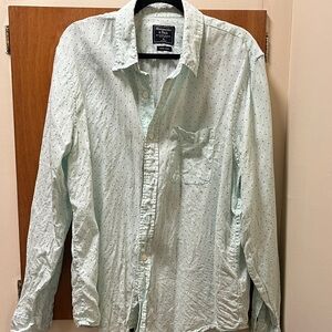 Abercrombie & Fitch Mint 100% Linen ls Shirt with Navy Dots Mens XL